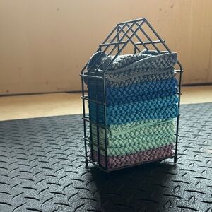 Norwex Blue, Mint & Purple Crocheted Cloths in Wire Caddy